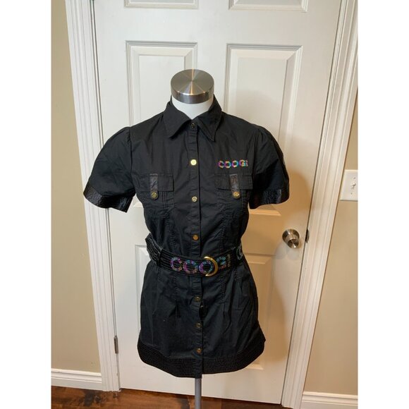 COOGI Black Mini Short Sleeve Jewel Belted Logo Shirt Dress, Size Small - Picture 1 of 7